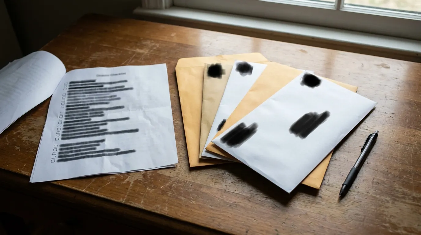A checklist document and several envelopes fanned out on a table next to a pen, no readable text visible