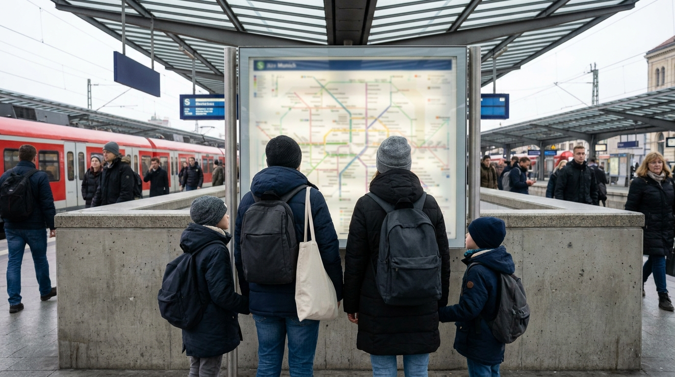 A family looking at a public transit map at a Munich train station platform