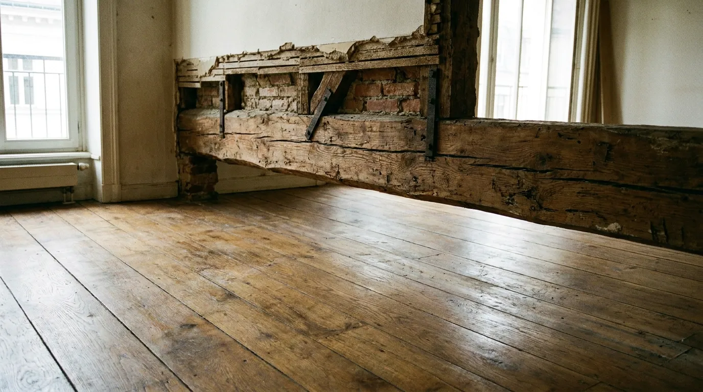 A hardwood floor and a section of exposed ceiling beam in an older apartment building, showing the layered construction, no people present