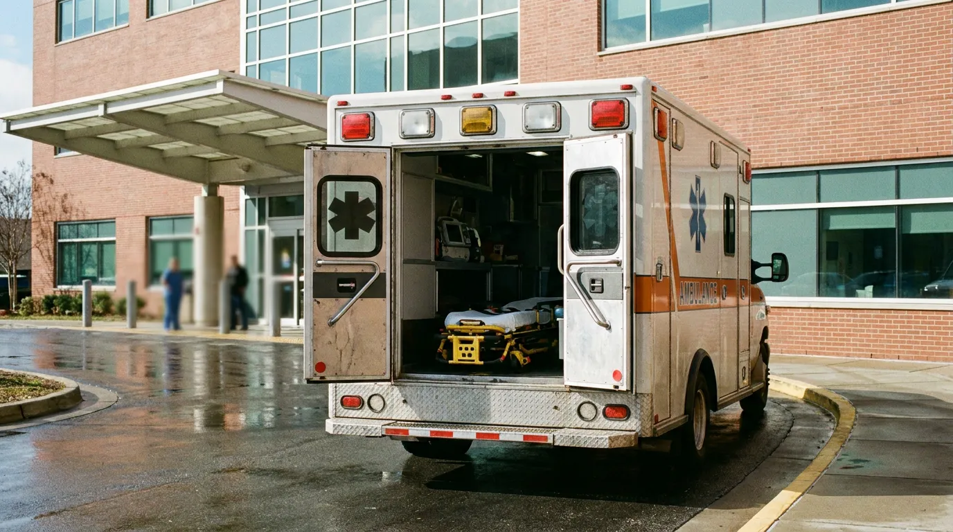 An ambulance parked with its rear doors open near a hospital emergency entrance