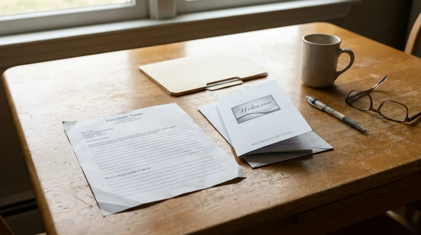 A bank account closing form and a new account welcome packet resting on a kitchen table