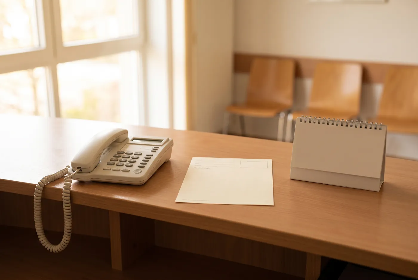 A calm, empty German doctor's practice reception desk with a corded telephone handset, a blank referral slip, and a plain desk calendar on a wooden counter, tidy waiting chairs blurred in warm daylight, no people or readable text visible