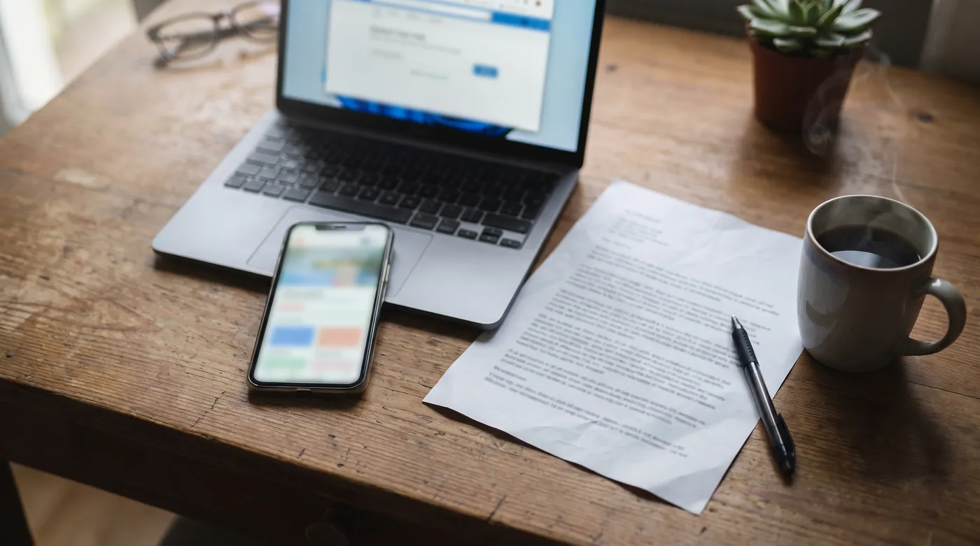 A laptop and a smartphone on a wooden desk, both screens softly out of focus, next to a printed page, a pen, and a steaming cup of coffee, no readable text visible