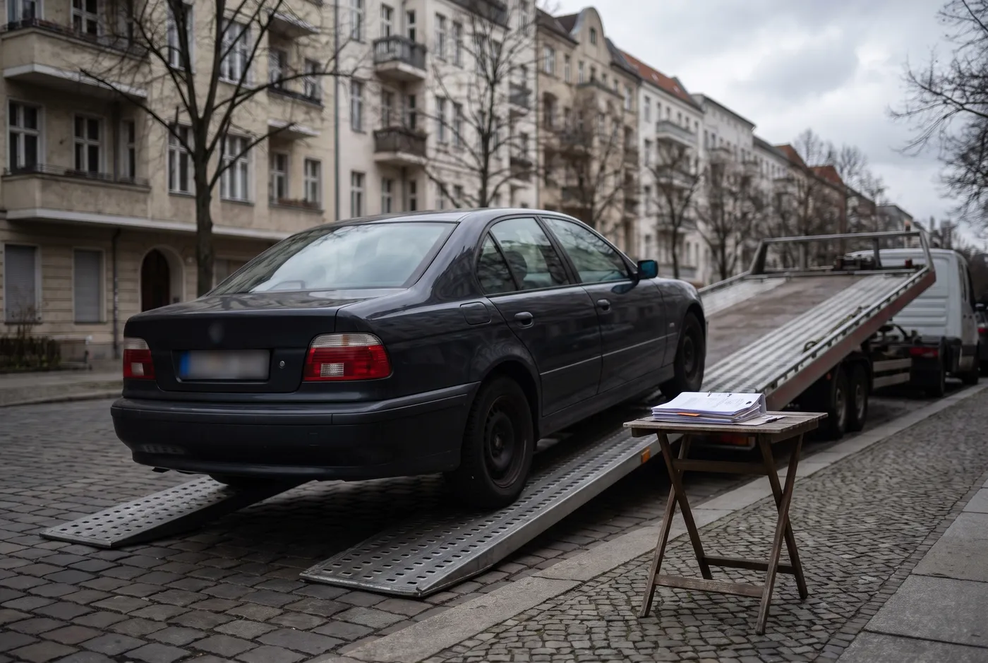 A dark sedan being loaded onto a car-transport trailer on a Berlin residential street, with a stack of official paperwork on a folding table beside the ramp