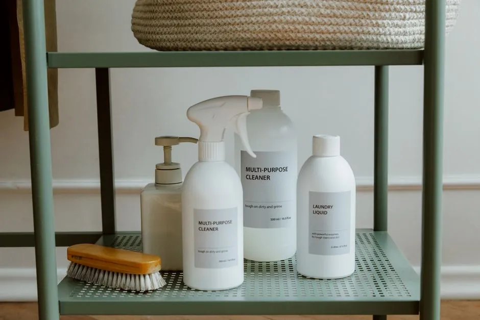 Household cleaning products, including spray bottles and a laundry liquid, stored on an open, low metal shelf