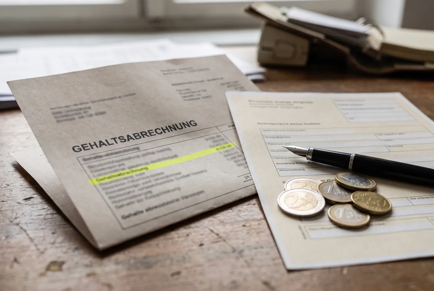 A German payslip document reading Gehaltsabrechnung with a highlighted deduction line, next to an official registration form, a fountain pen, and euro coins on a wooden desk