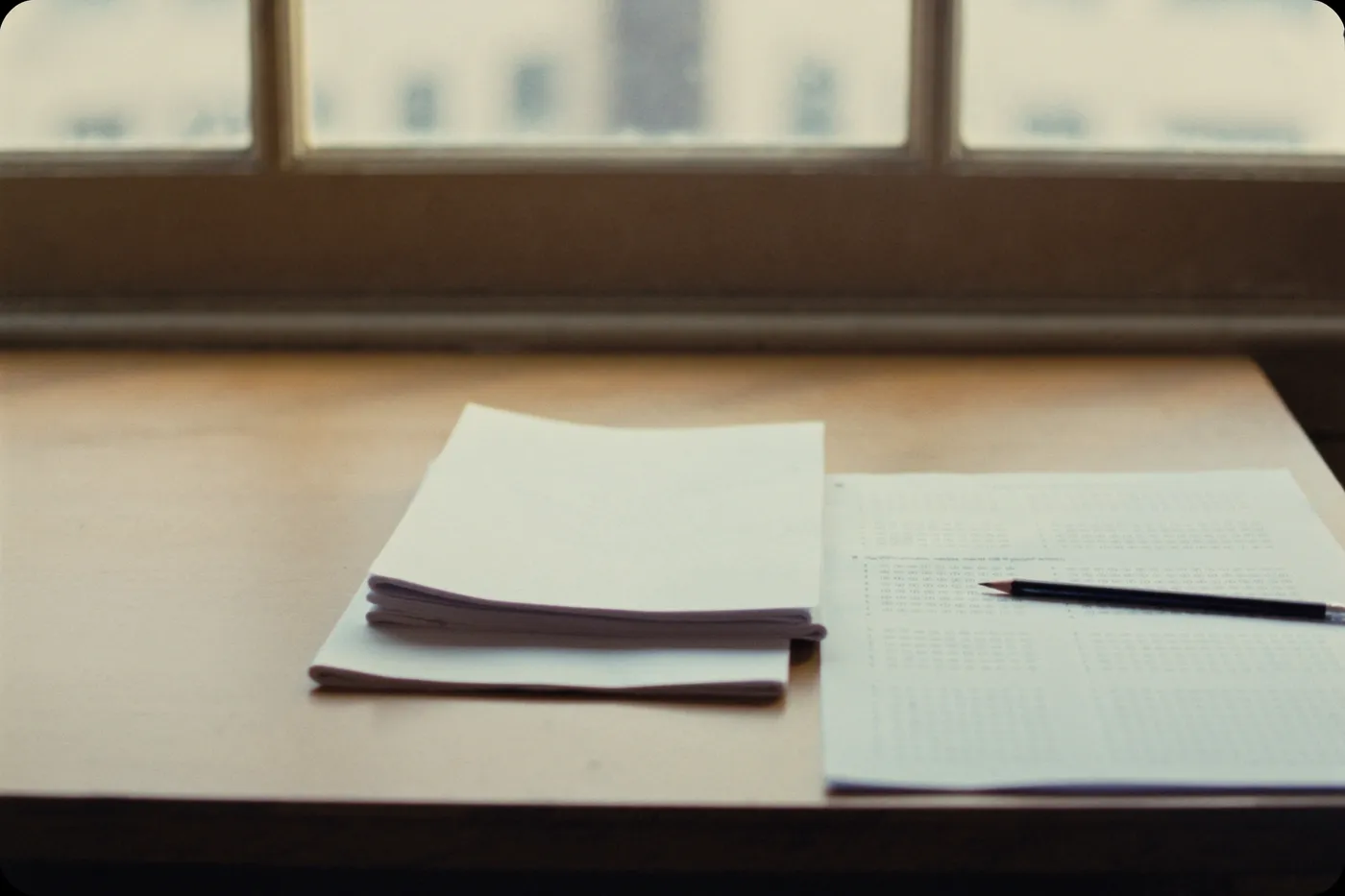 A blank multiple-choice answer sheet with a sharpened pencil resting on it, beside a small stack of plain practice booklets on a wooden desk near a window