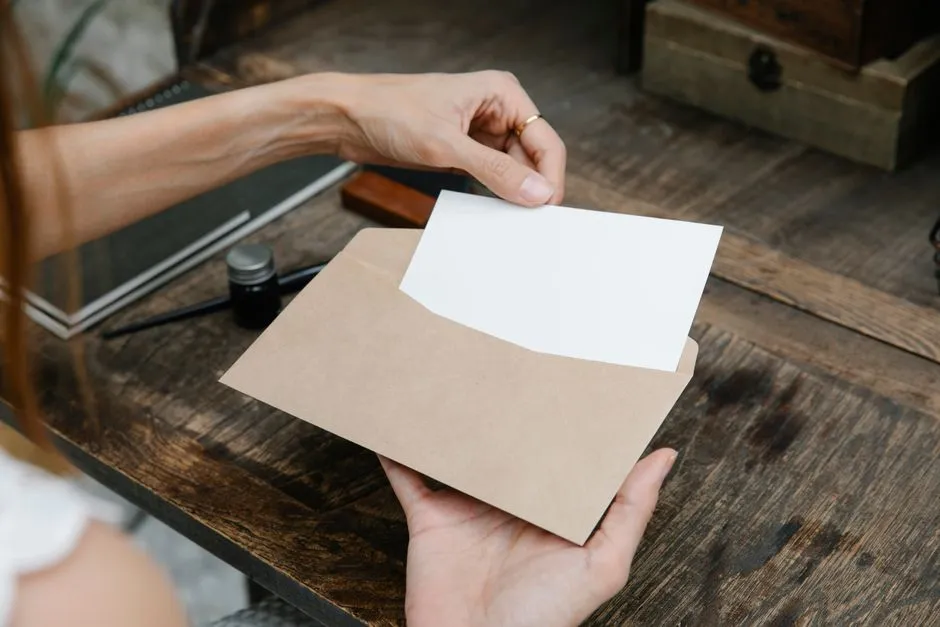 A pair of hands pulling a blank sheet of paper out of a kraft-paper envelope on a wooden desk