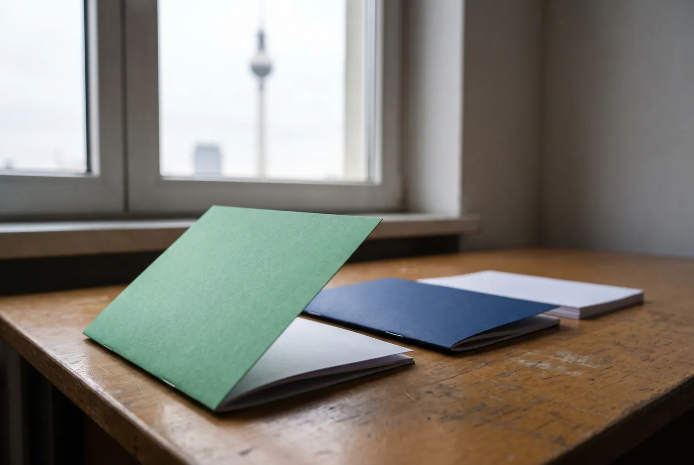 A blank green folded paper booklet and a blank dark blue booklet resting beside a small stack of blank white papers on a wooden desk, with Berlin's television tower softly blurred through a window in the background