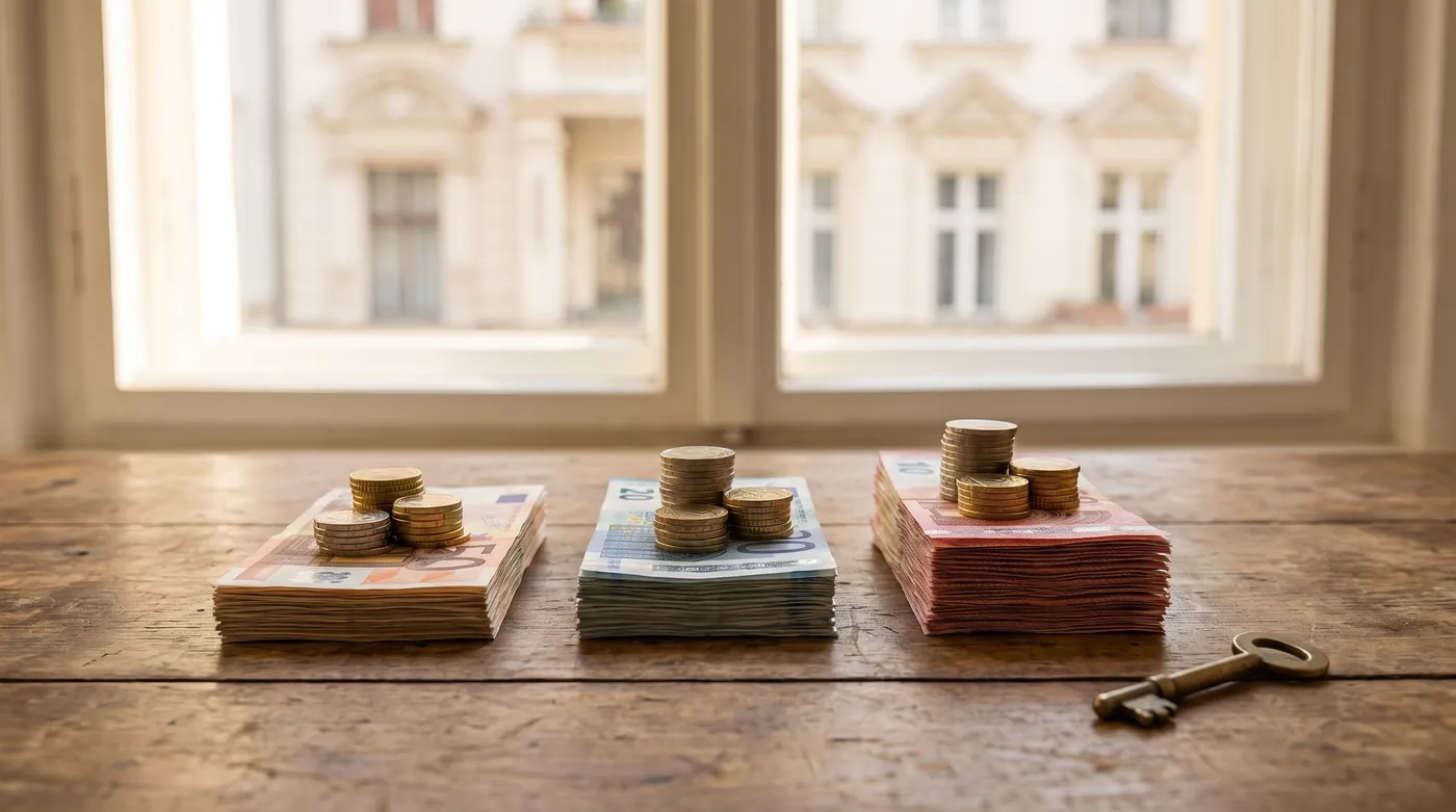 Three stacks of euro banknotes with coins on top arranged on a wooden table beside a brass door key, with a blurred Berlin Altbau apartment window visible in the background