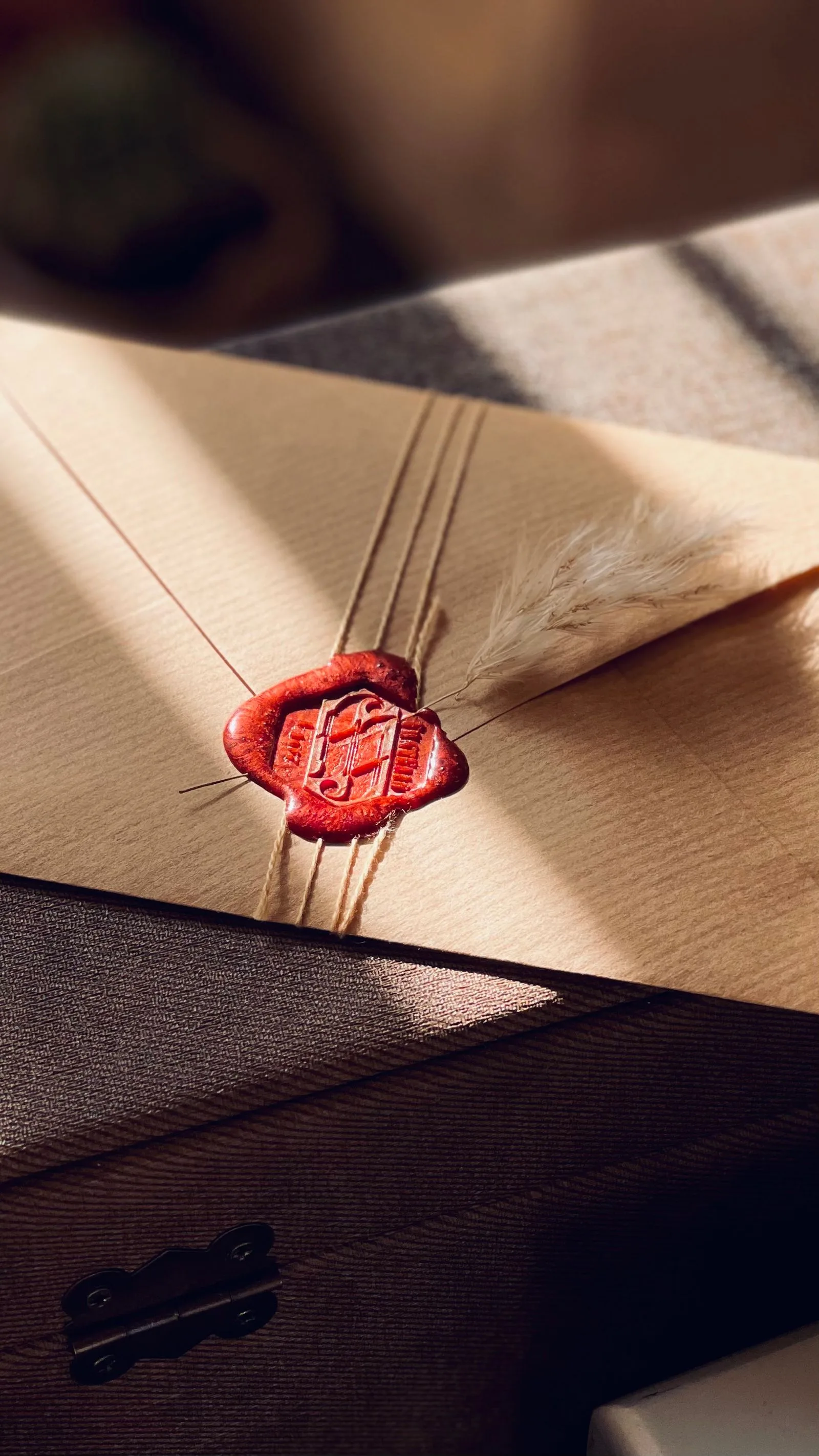 A brown paper envelope sealed with a red wax stamp, resting on a wooden desk in warm natural light, no visible text or people