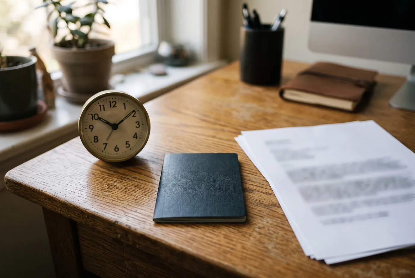 A blank dark notebook, a plain desk clock, and a stack of papers with unreadably blurred text on a wooden desk