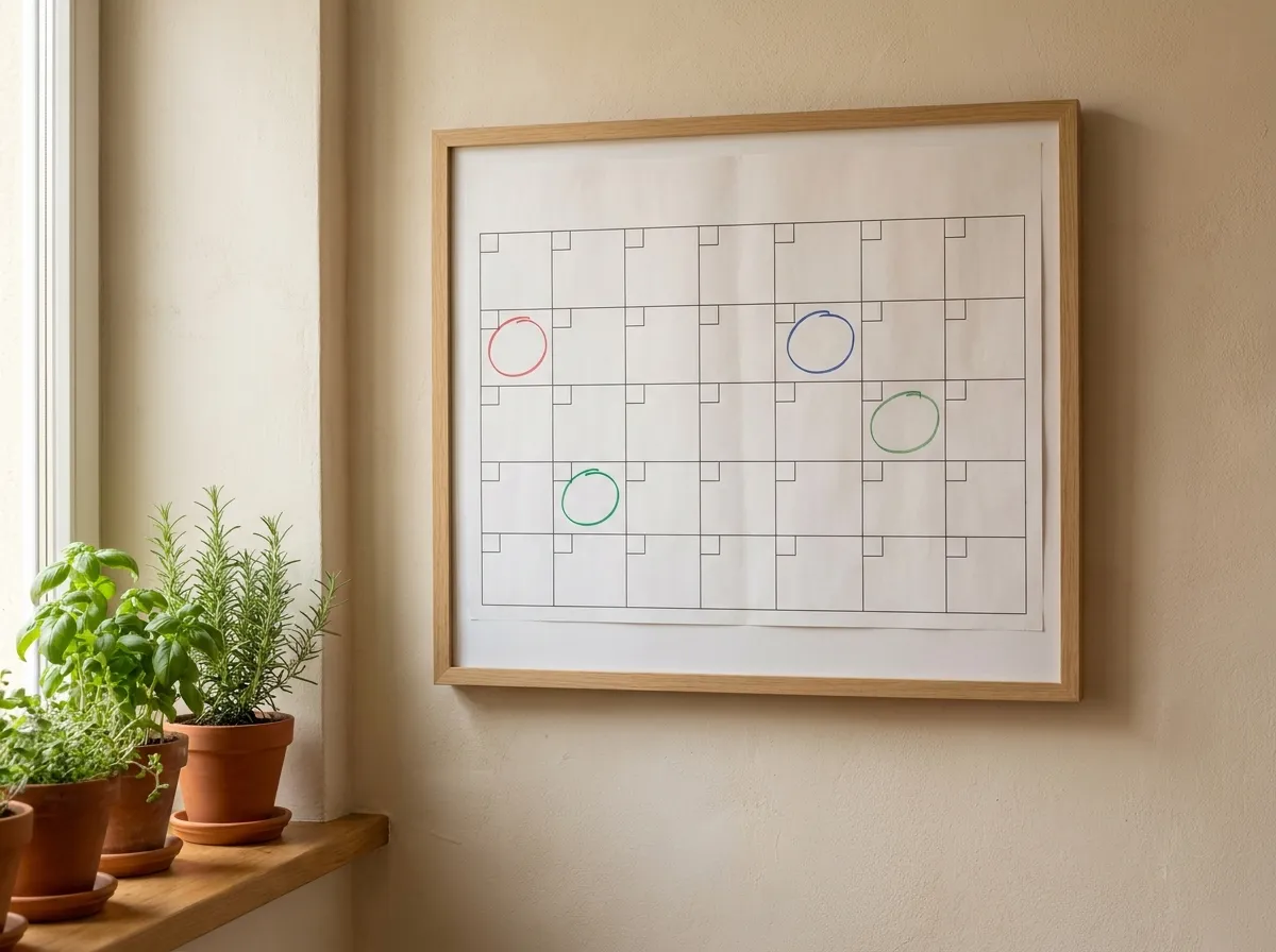 A wall calendar with several weeks circled in colored marker, hanging next to a kitchen window in soft daylight, no people or readable text