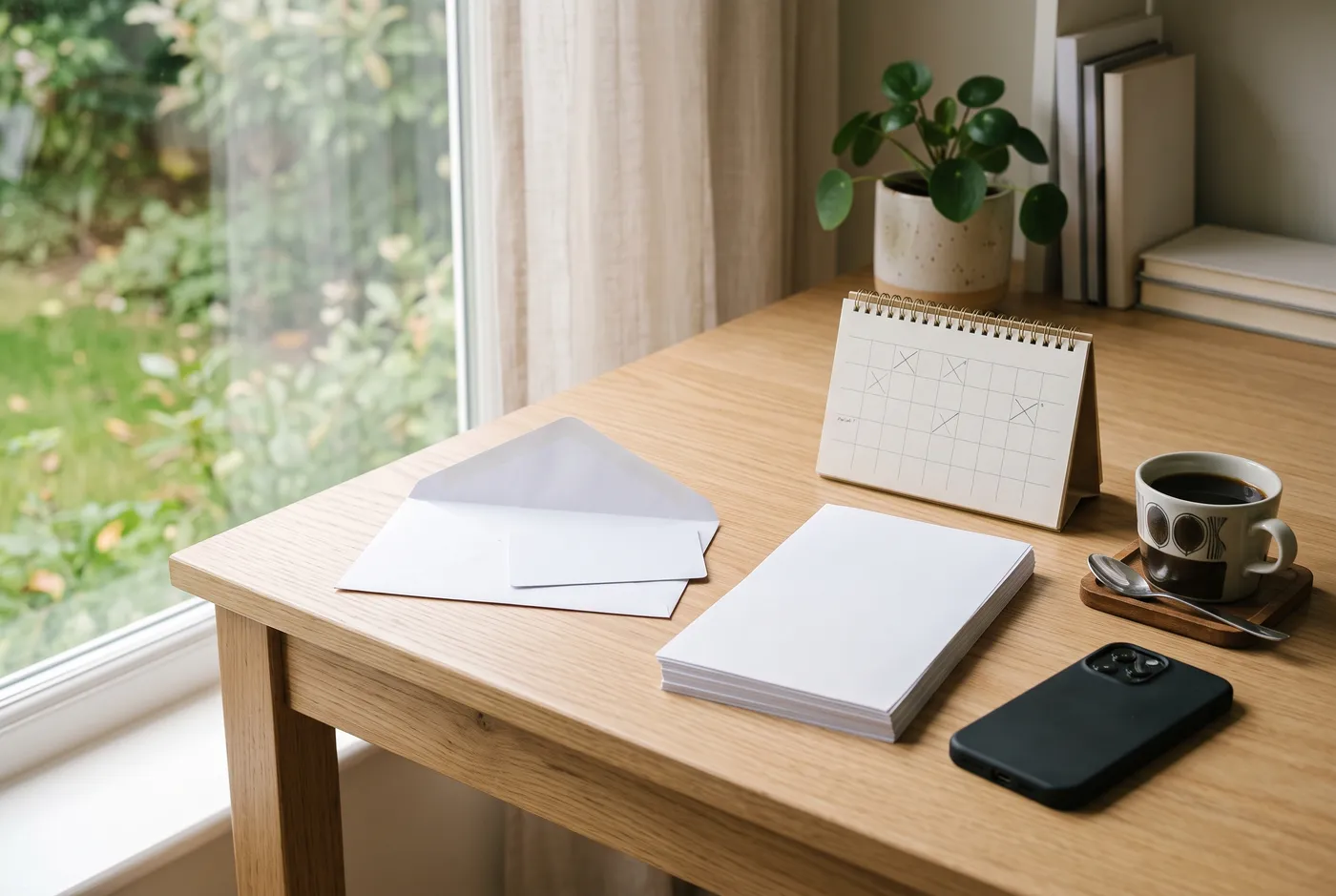 A tidy home desk near a window with an open envelope, a stack of blank papers, a small desk calendar, a phone, and a cup of coffee