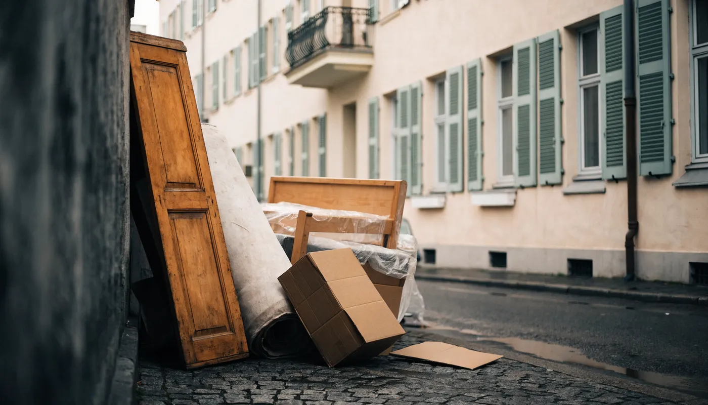 A wooden wardrobe door, a rolled-up mattress, a disassembled wooden bed frame, and cardboard boxes stacked at a curbside against a Berlin Altbau apartment building facade, no people visible