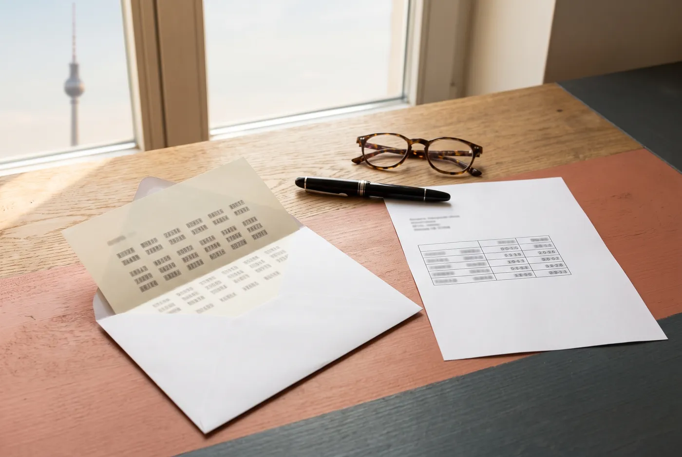 A wooden desk with two opened German official letters side by side, one showing rows of blurred number blocks pulled from an envelope and the other a printed document with a small number table, a pen and reading glasses between them, a hazy Berlin TV Tower visible through a window in the background