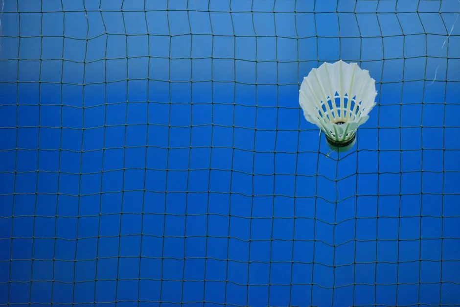 A white shuttlecock caught in the strings of a badminton net on an indoor court, seen close up against a blue court surface