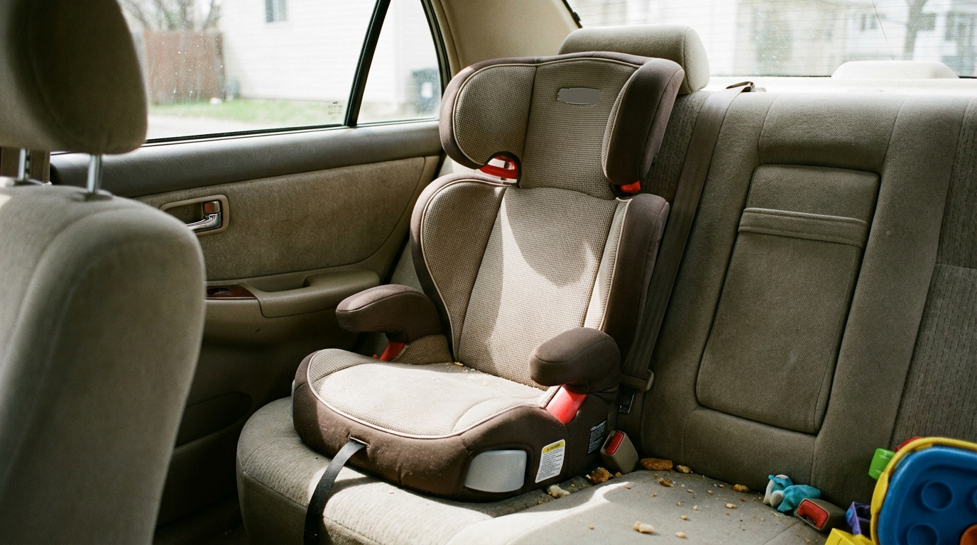 A child's booster seat with back support and headrest installed in a car's rear seat
