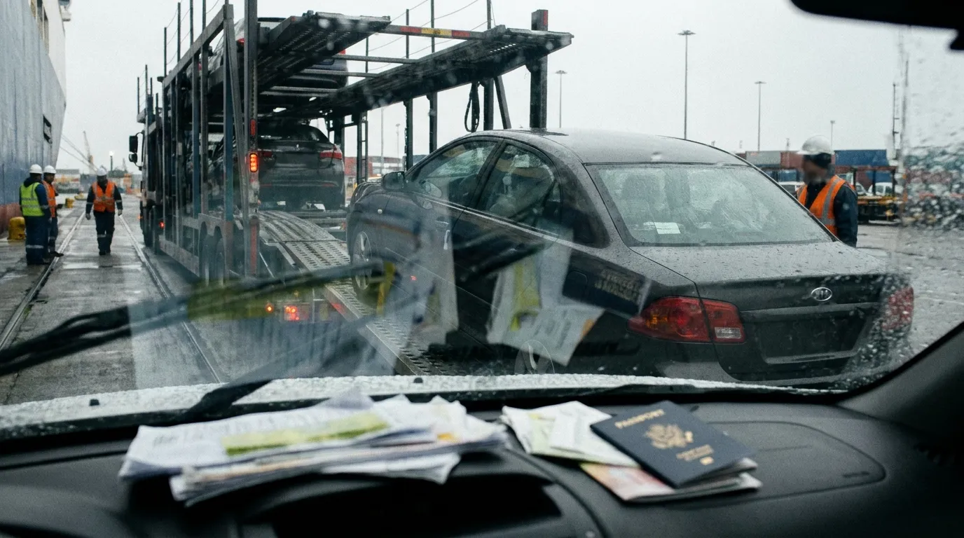 A car being loaded onto a transport truck with shipping documents and a passport visible on the dashboard
