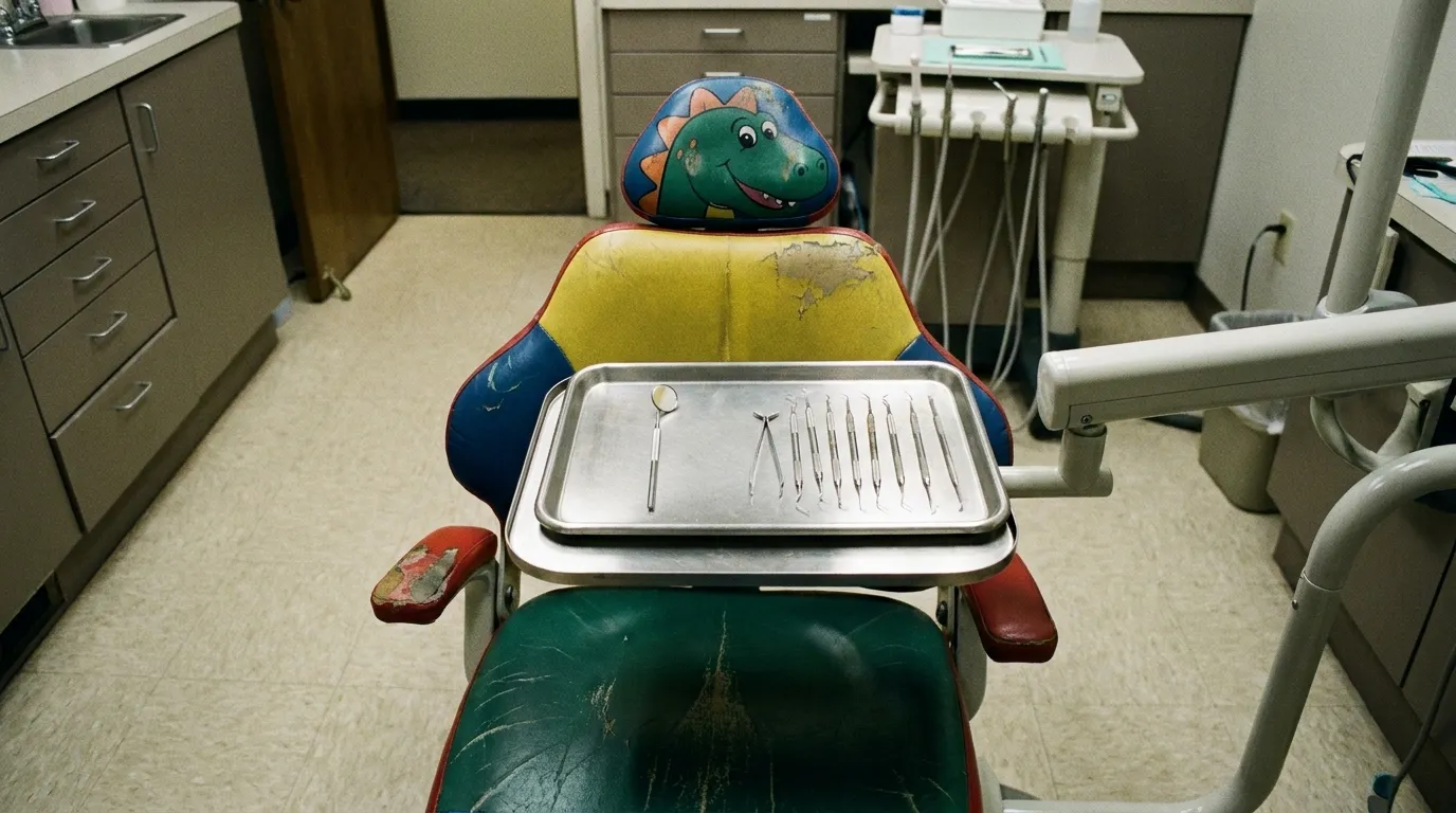 A child's dental exam chair with a small mirror and dental tools arranged on a tray