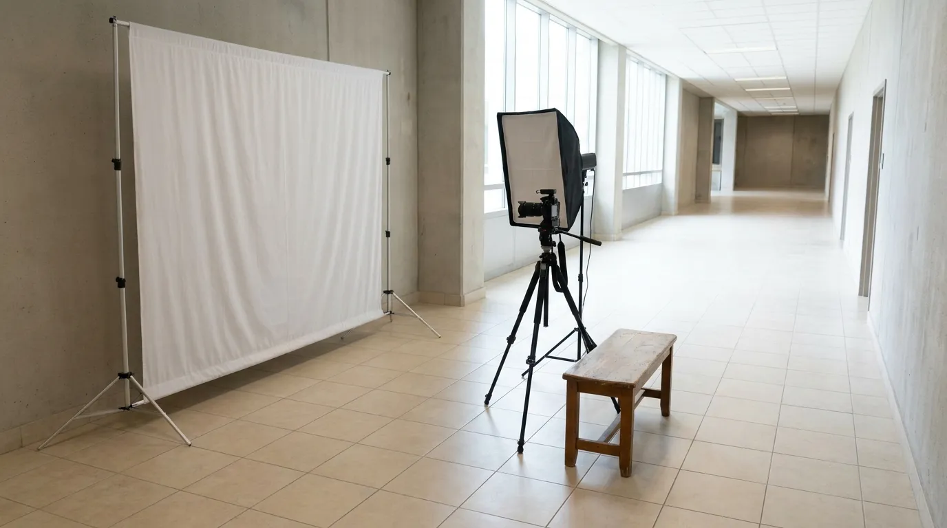 A children's passport photo booth or ID photo setup in a bright municipal office corridor, no people or readable text visible