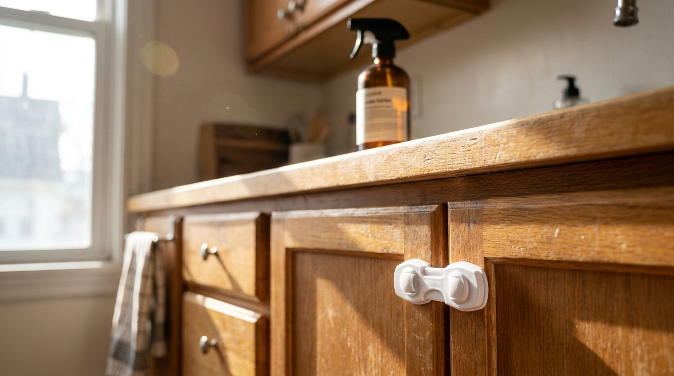A childproof cabinet lock on a lower kitchen cabinet next to a household cleaning bottle