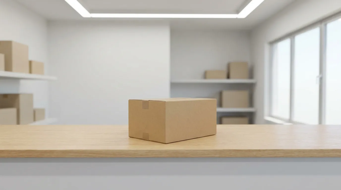 A simple package pickup counter with a small parcel resting on it in a bright postal branch interior, no people or readable text visible