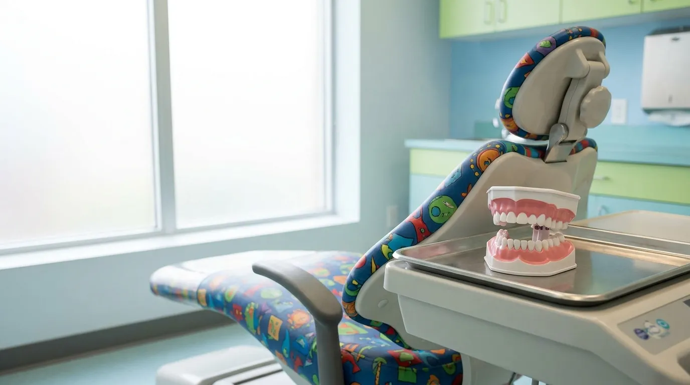A pediatric dental office exam chair with a dental model of teeth on a nearby tray
