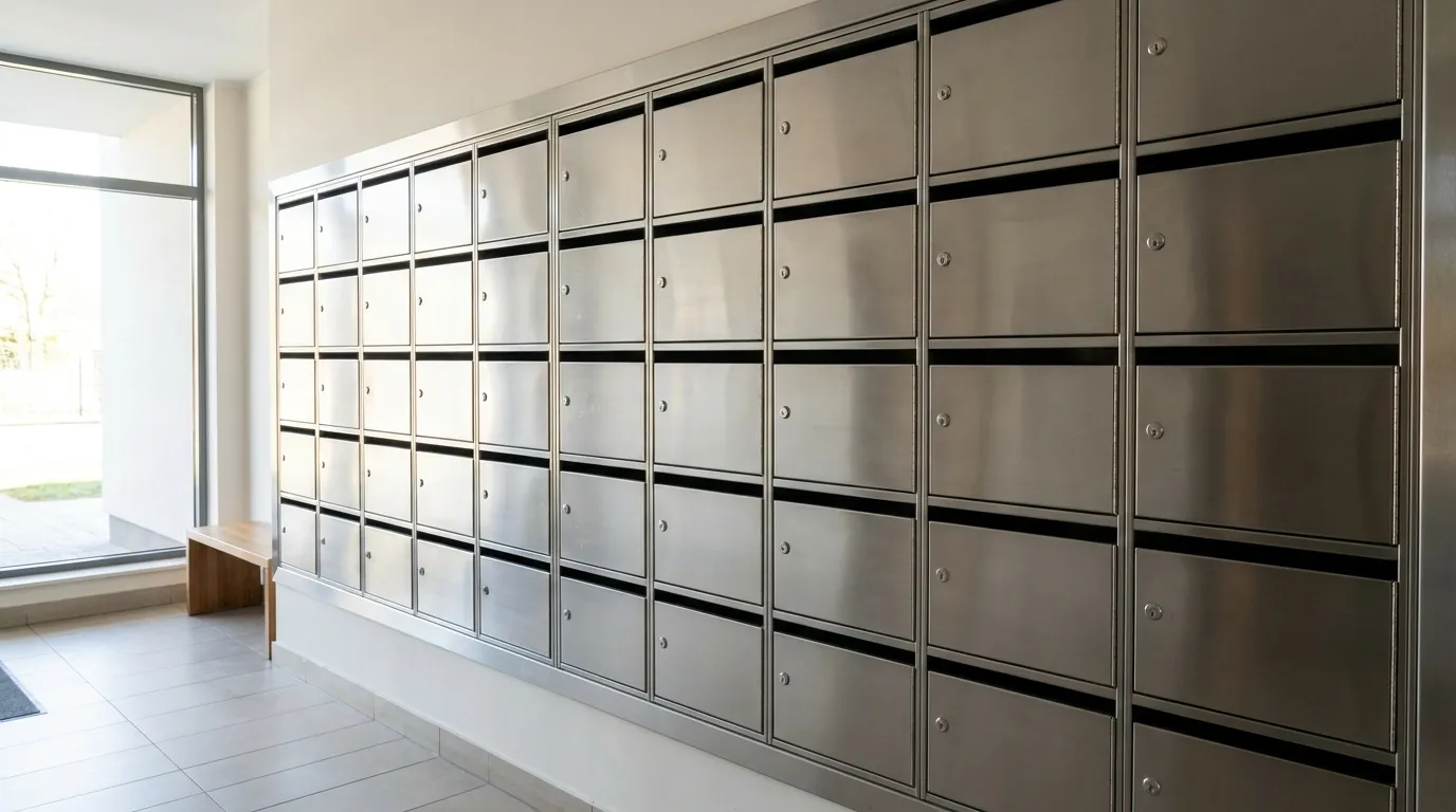 A residential mailbox panel in an apartment building's entrance hall, no readable names visible