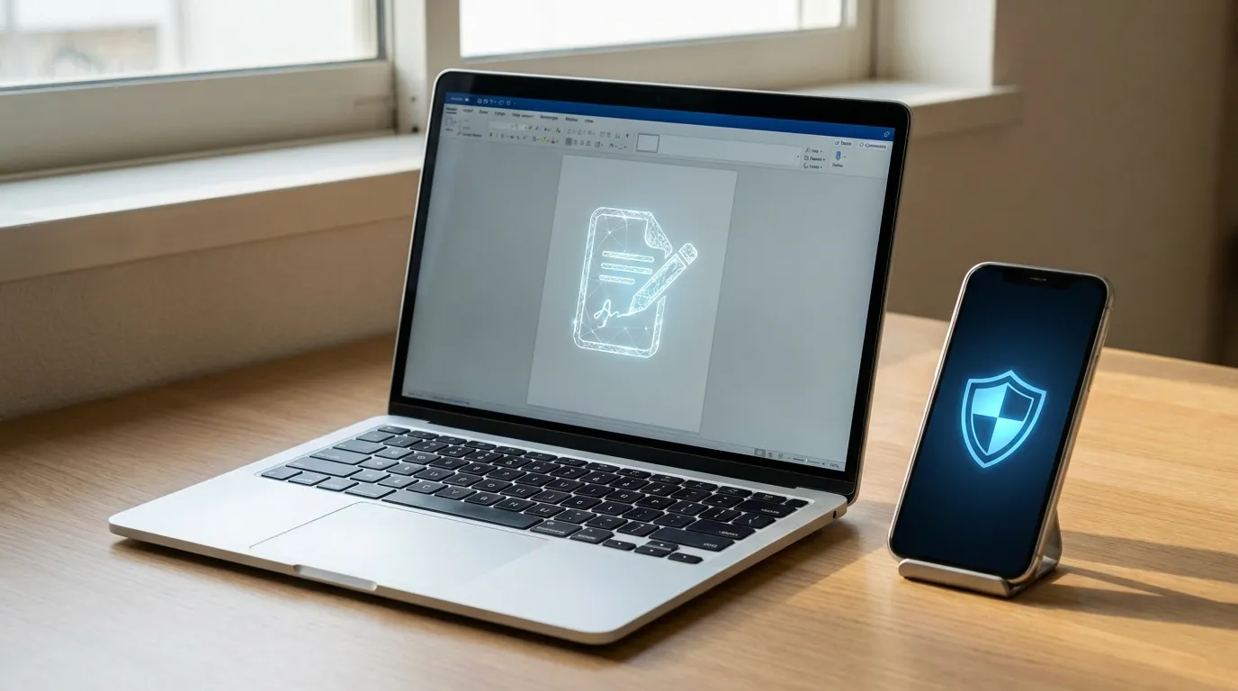 A laptop screen showing a document with a digital signature icon next to a smartphone displaying a security certificate symbol