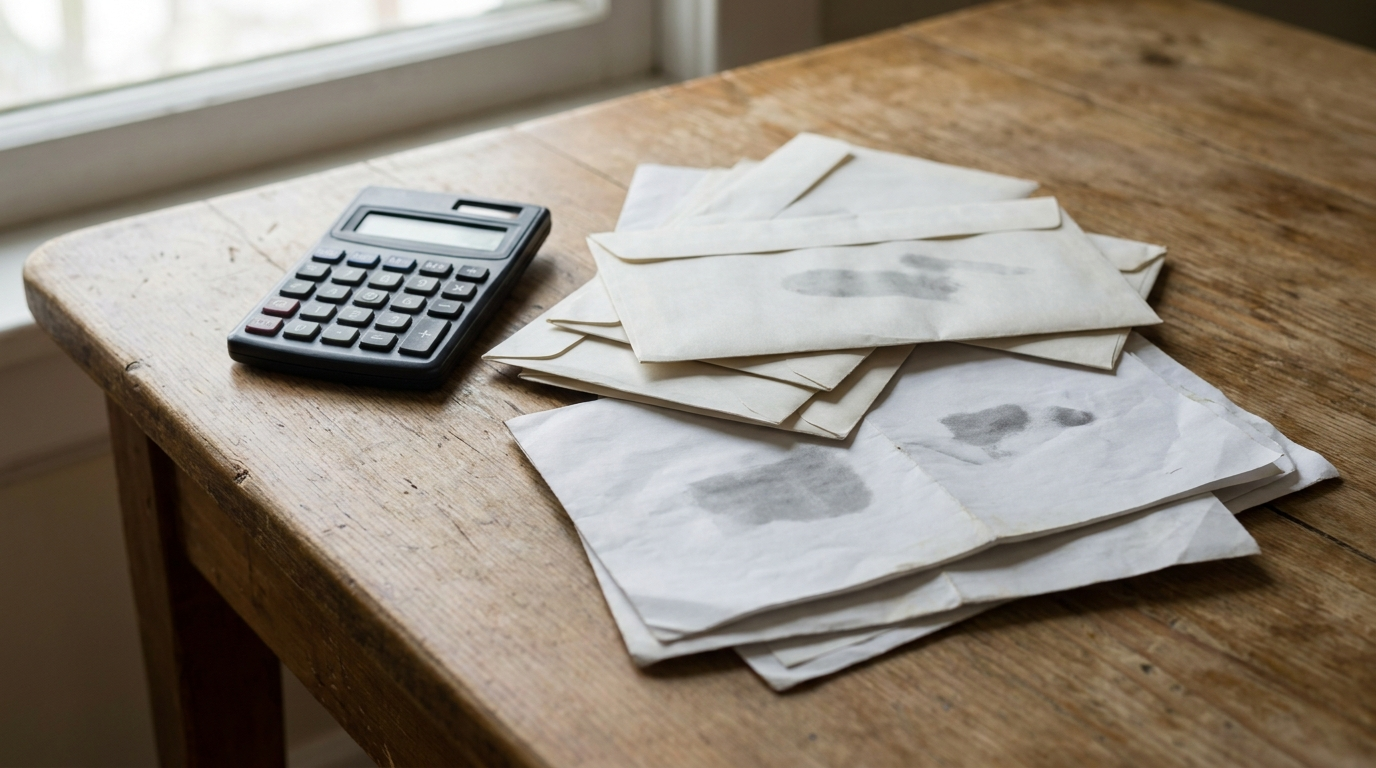 A calculator, a loan document, and a small pile of household bills on a kitchen table