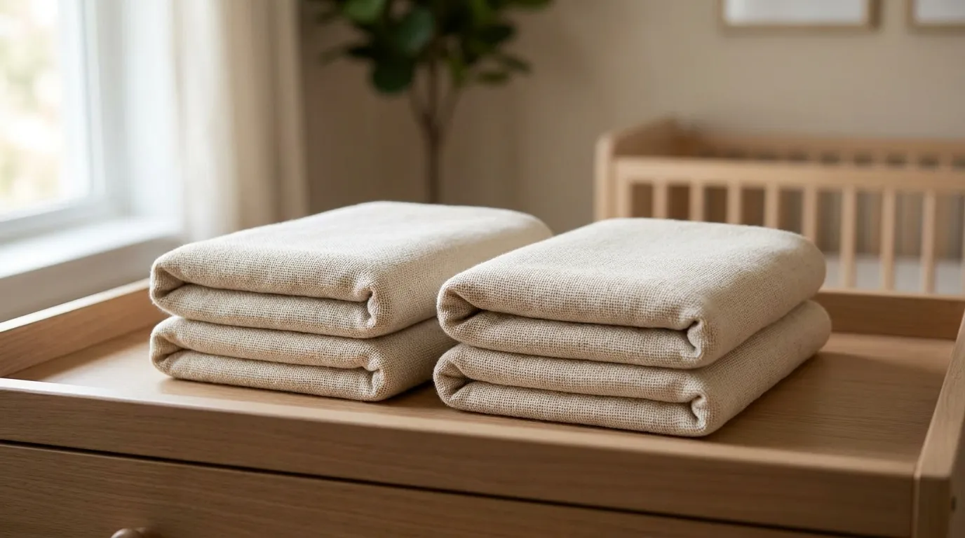 Two small identical baby blankets folded neatly side by side on a changing table, no readable labels or people visible