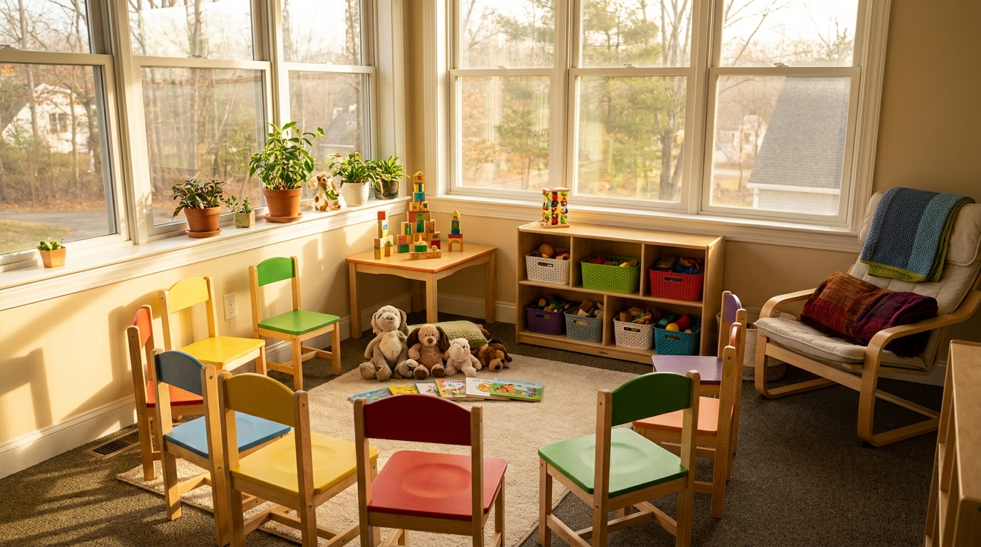 A bright therapy practice waiting room with small children's chairs and toys arranged neatly, morning sunlight through the window