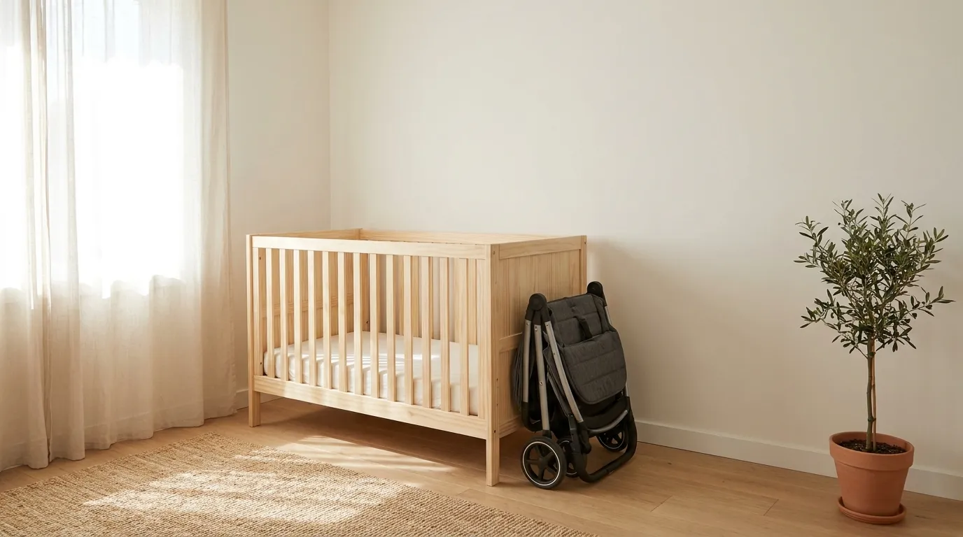 A simple wooden crib and a folded stroller resting in an otherwise empty bright room, no people or readable text visible