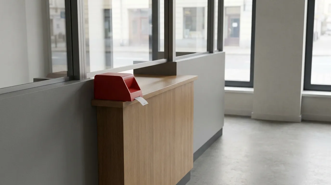 A modern municipal registration office counter with a simple queue-number ticket dispenser, no people or readable text visible