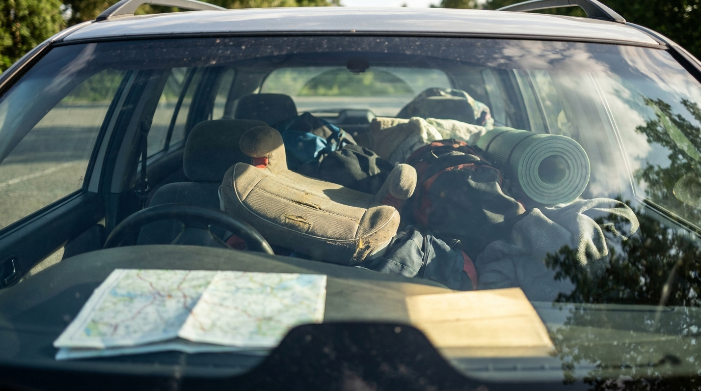 A car seat with a child's booster cushion visible through the rear window, packed for a road trip with a map on the dashboard