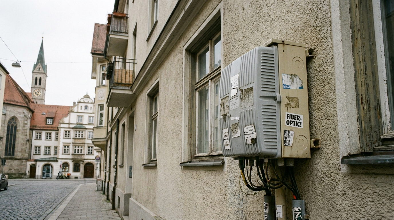 A fiber optic cable installation box mounted on a residential building wall in Munich