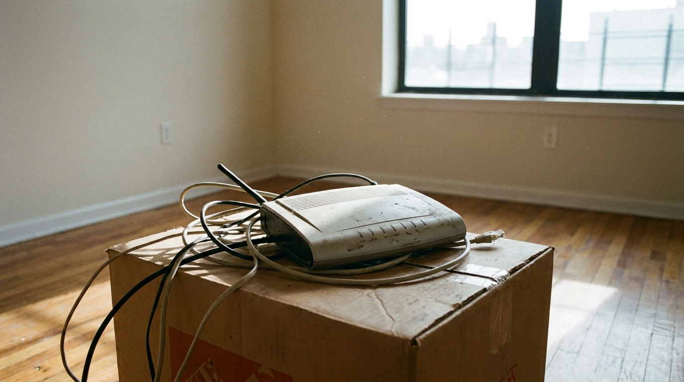 A DSL router with disconnected cables sitting on a moving box in an otherwise empty apartment