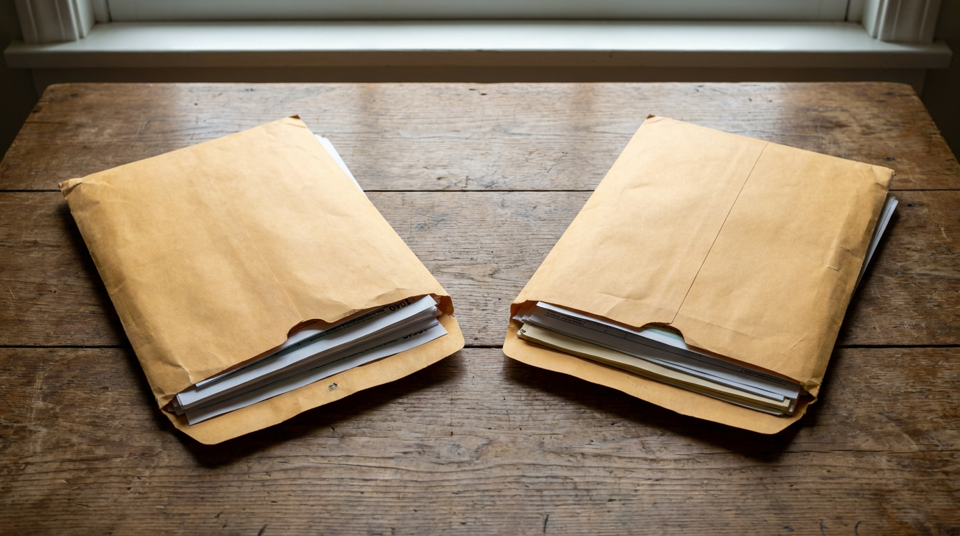 Two separate individual tax return folders side by side on a table, without a joint filing envelope