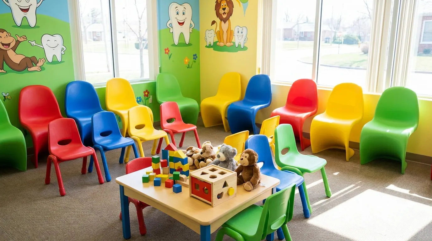 A child-friendly dental office waiting area with colorful chairs and toys, no children or staff present