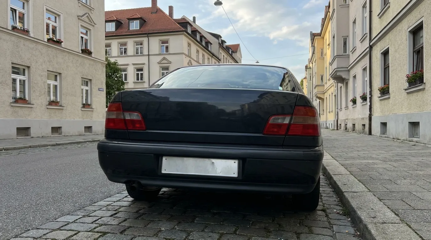 A car with a foreign license plate and a visible nationality sticker parked on a residential Munich street