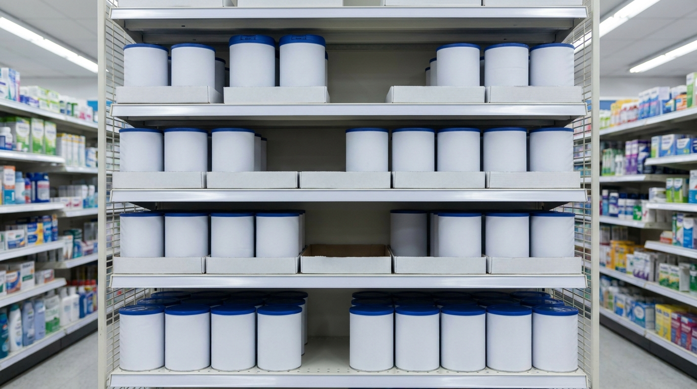 A drugstore shelf with plain formula tins, some gaps between products showing sparse stock