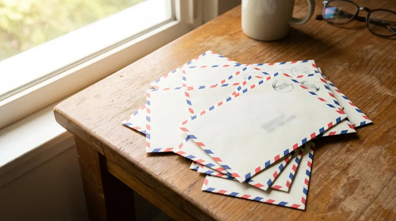 International airmail envelopes and stamps arranged on a desk, no readable personal details visible