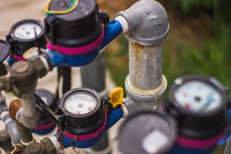 Close-up of blue water meters with round gauge dials connected to pipes, the kind used to measure a building's water consumption