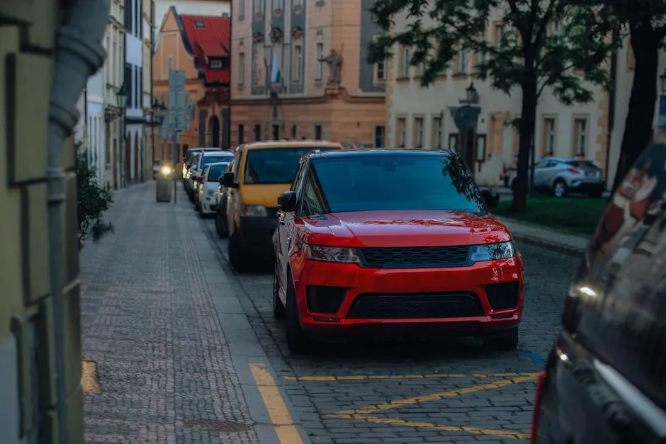 Cars parked tightly along both sides of a narrow cobblestone residential street lined with older apartment buildings