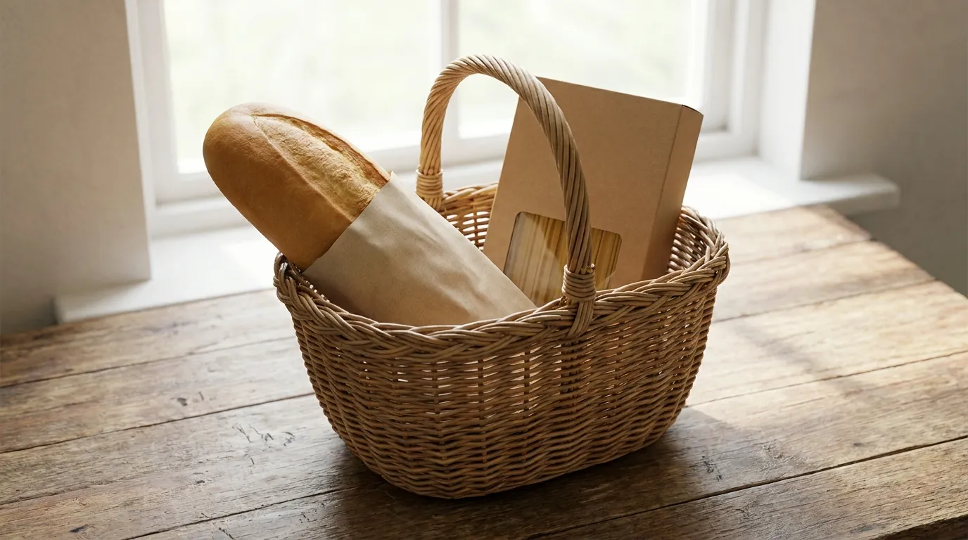 A shopping basket with a loaf of bread and a box of pasta, no readable labels or people visible