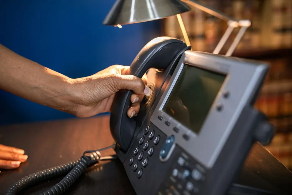 A hand resting on a black office telephone handset next to a desk lamp and a blurred computer screen, no readable text or faces visible