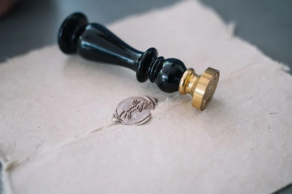 A black and gold seal stamp pressed into a wax impression on plain kraft paper