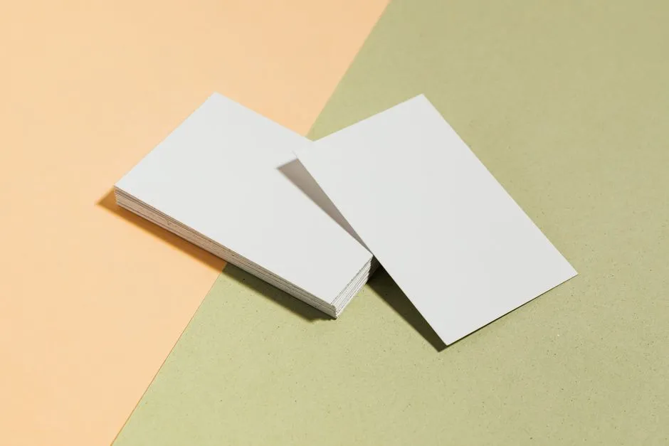 Two blank white cards, the size and shape of ID or residence cards, resting on a two-tone pastel surface, one card stacked thicker than the other