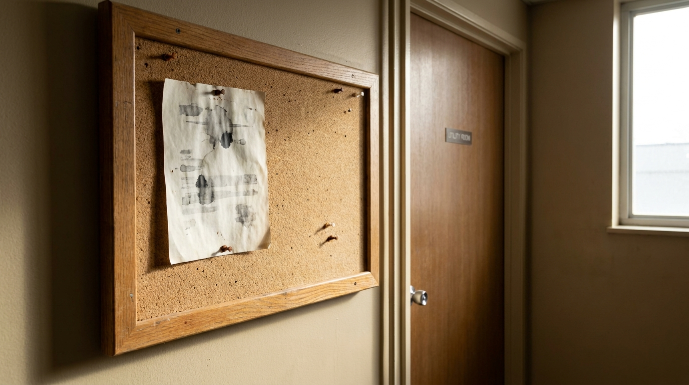 A printed Hausordnung notice pinned to a residential building's stairwell noticeboard next to a laundry room door
